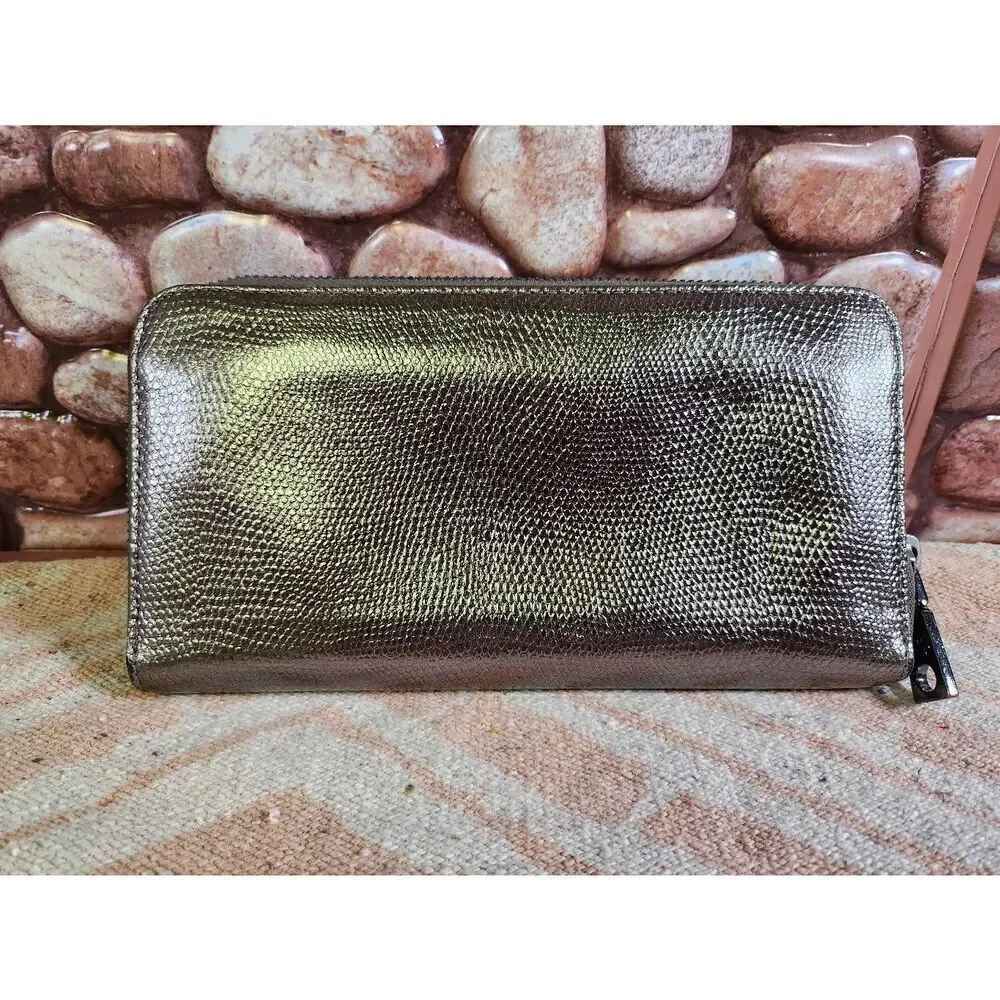 DKNY EMBOSSED METALLIC LEATHER  ZIP AROUND WALLET CLUTCH GUNMETAL #A69